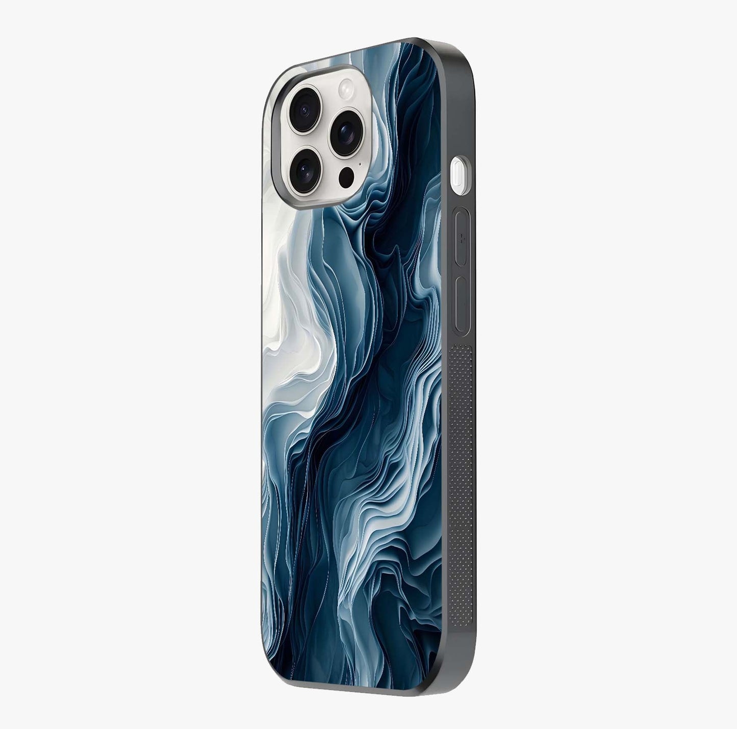 Ethereal Paper Marble Glass Case photographed in natural light showing reflective finish and design depth.