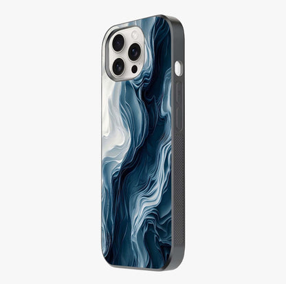 Ethereal Paper Marble Glass Case photographed in natural light showing reflective finish and design depth.