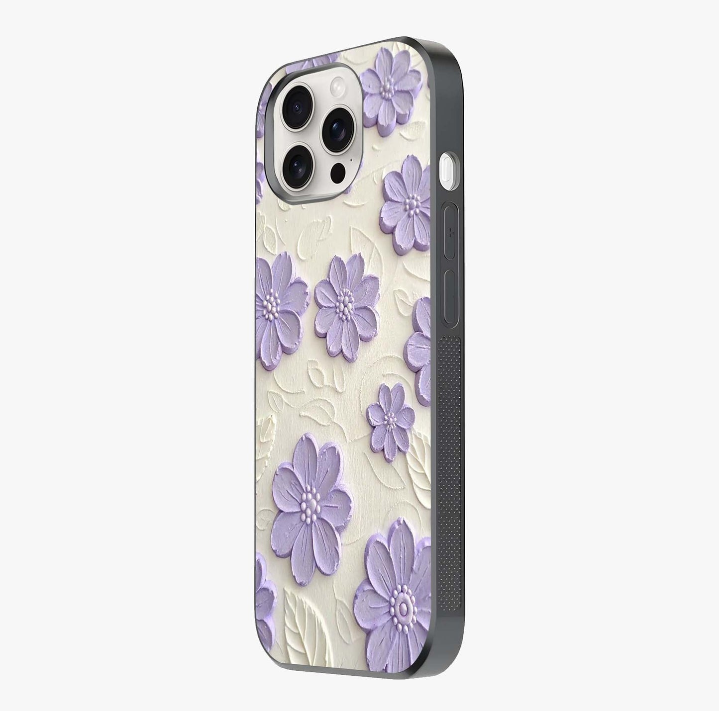 Floral Wall Art With Purple Flowers Glass Case photographed in natural light showing reflective finish and design depth.