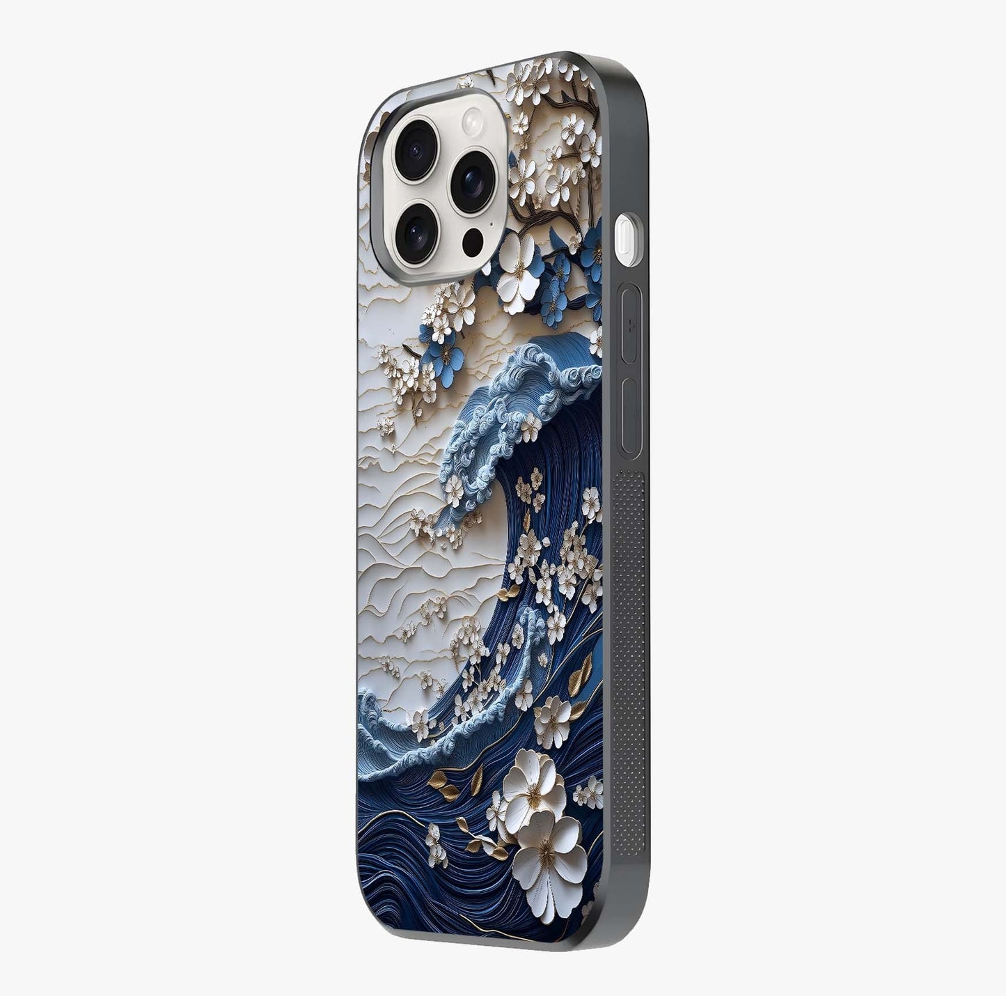 Floral Wave Origami Glass Case photographed in natural light showing reflective finish and design depth.