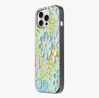 Frosted Petal Garden Glass Case photographed in natural light showing reflective finish and design depth.