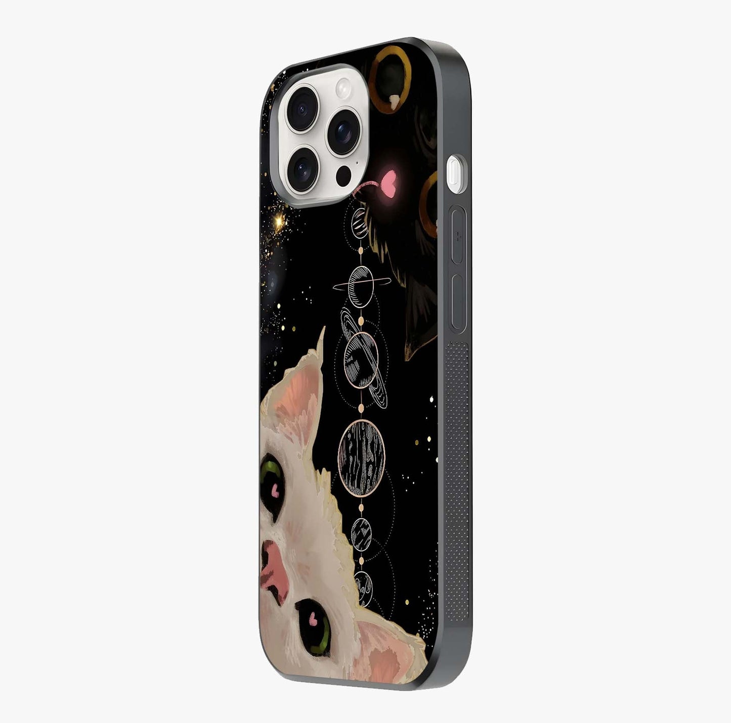 Galactic Cat Glass Case photographed in natural light showing reflective finish and design depth.