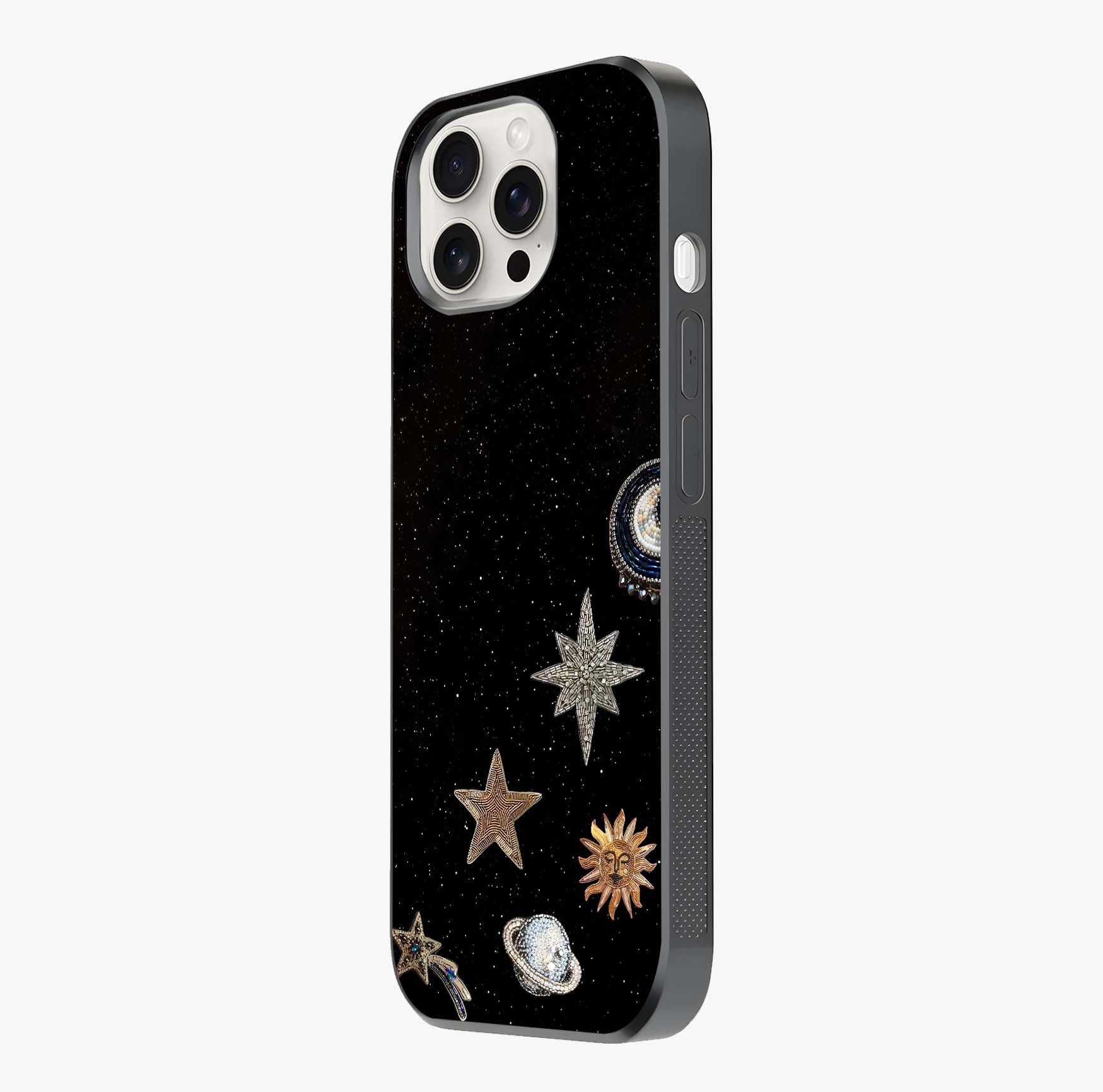 Galactic Charm Glow Glass Case photographed in natural light showing reflective finish and design depth.