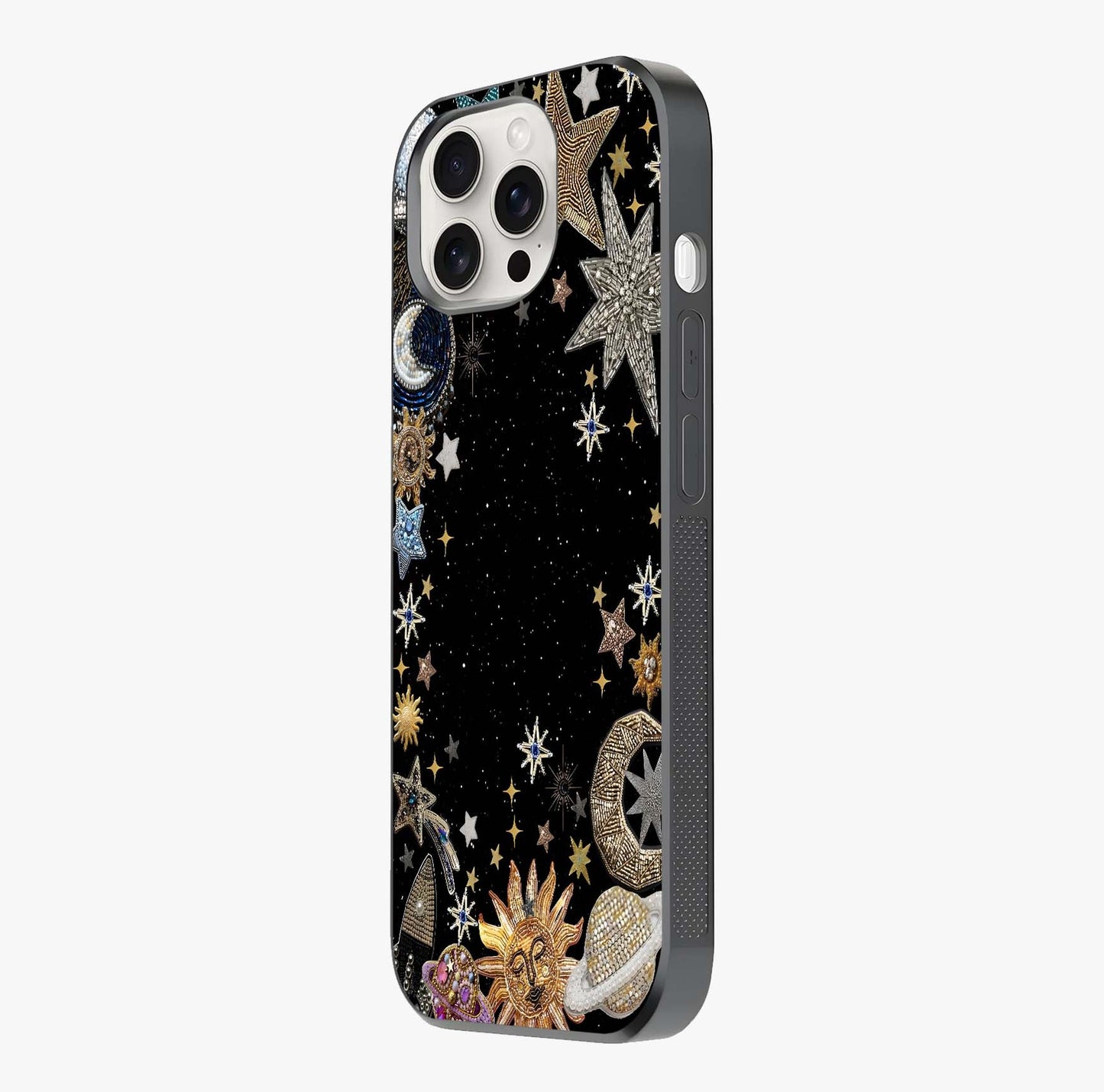 Galactic Jewel Stars Glass Case photographed in natural light showing reflective finish and design depth.