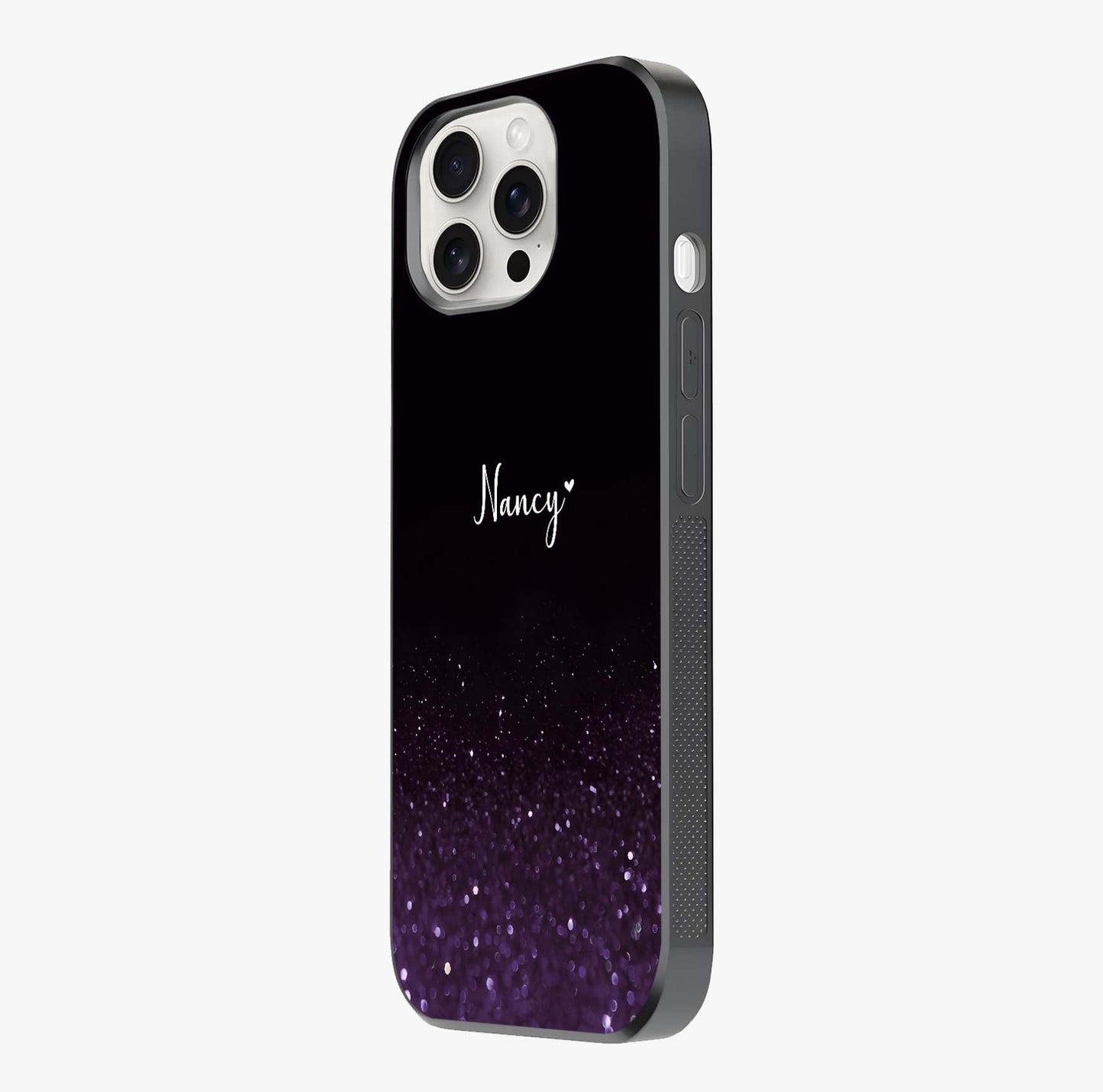 Glittery Purple Bokeh Custom Name Glass Case photographed in natural light showing reflective finish and design depth.