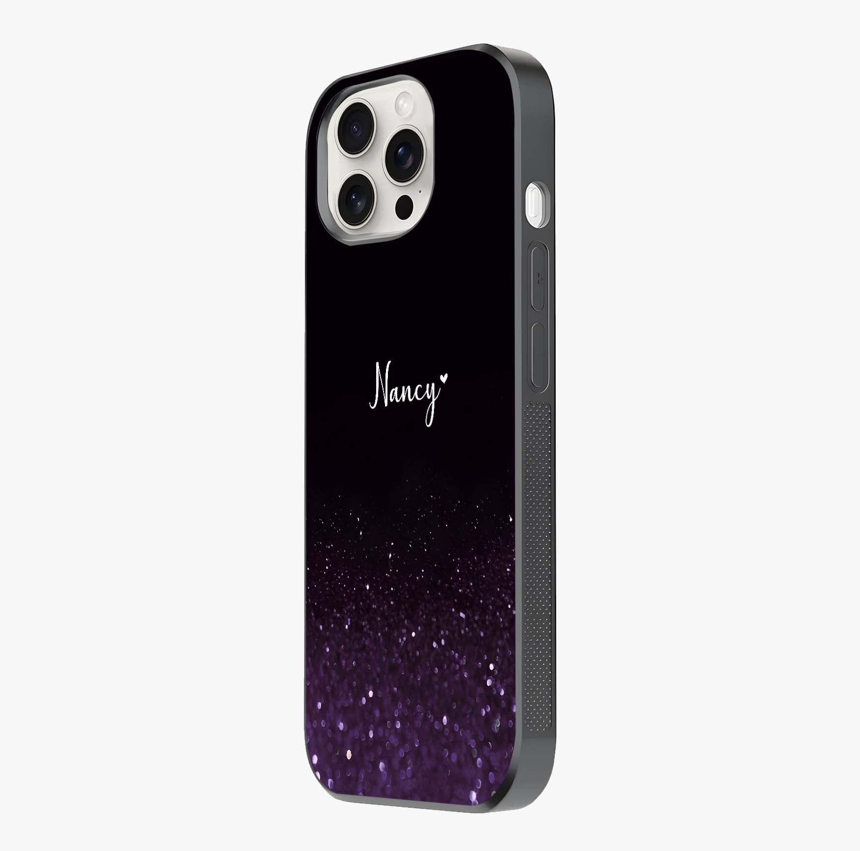 Glittery Purple Bokeh Custom Name Glass Case photographed in natural light showing reflective finish and design depth.