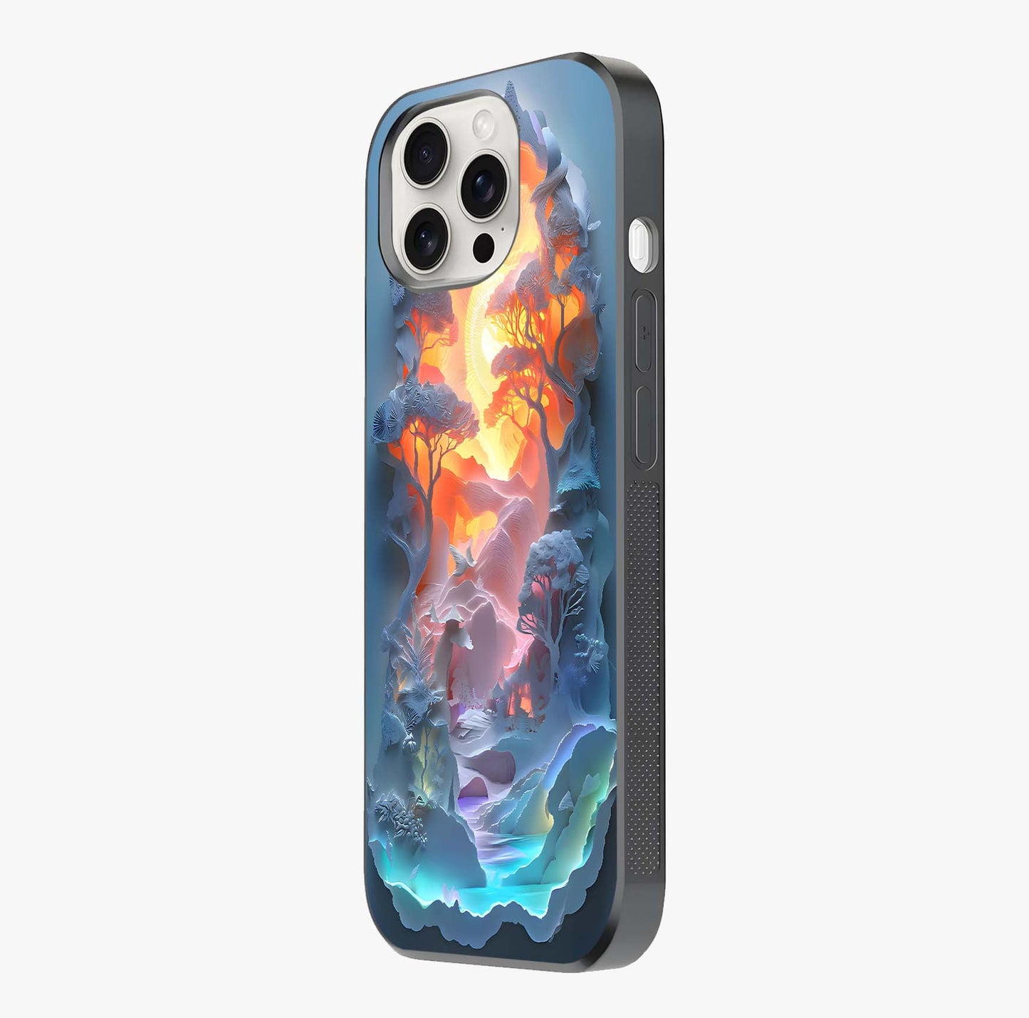 Glow Forest Portal Glass Case photographed in natural light showing reflective finish and design depth.