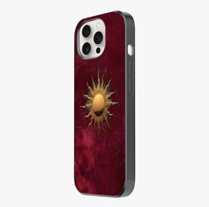 Gold Sun Blush Glass Case photographed in natural light showing reflective finish and design depth.