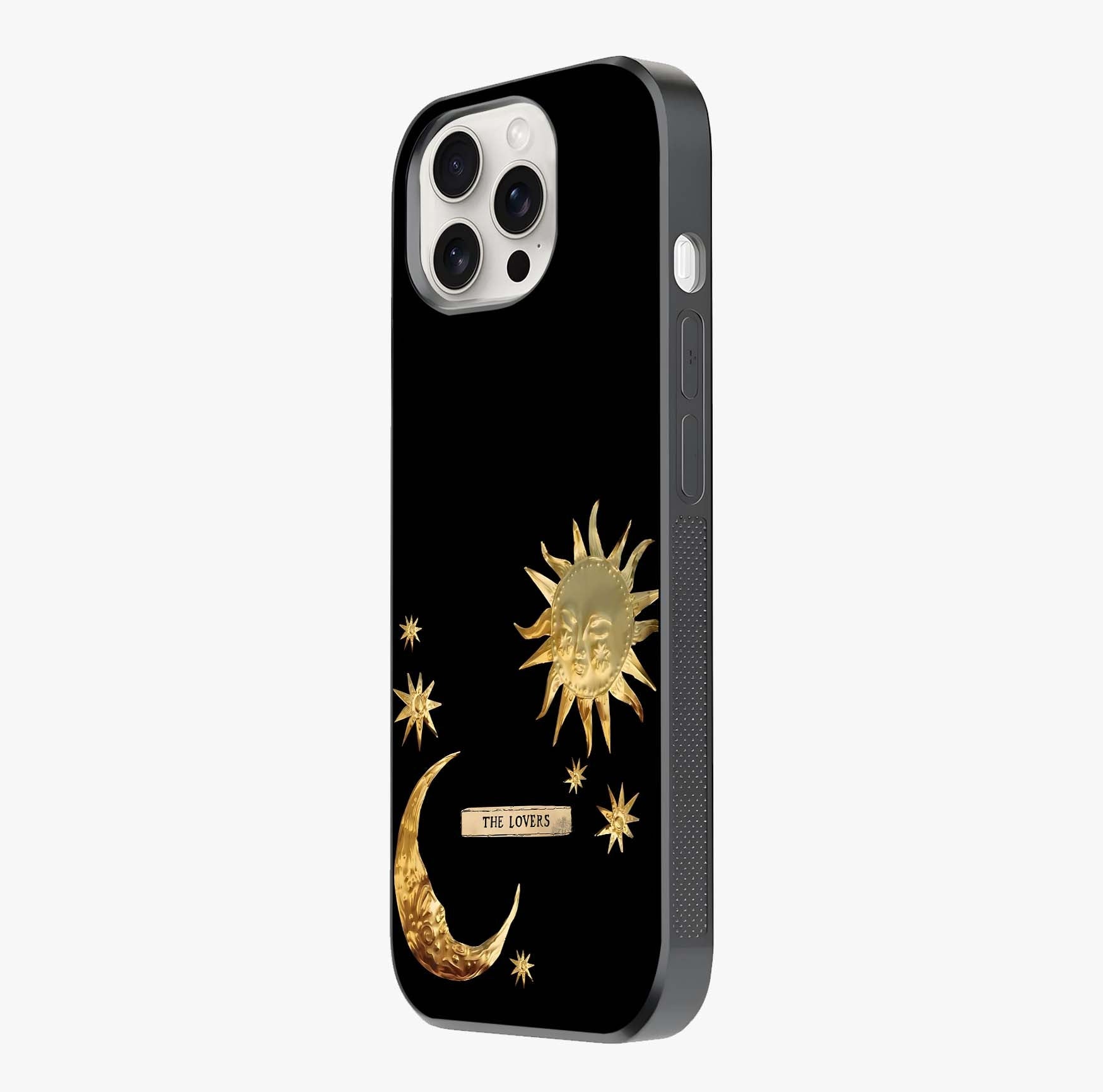 Golden Celestial Charm Glass Case photographed in natural light showing reflective finish and design depth.