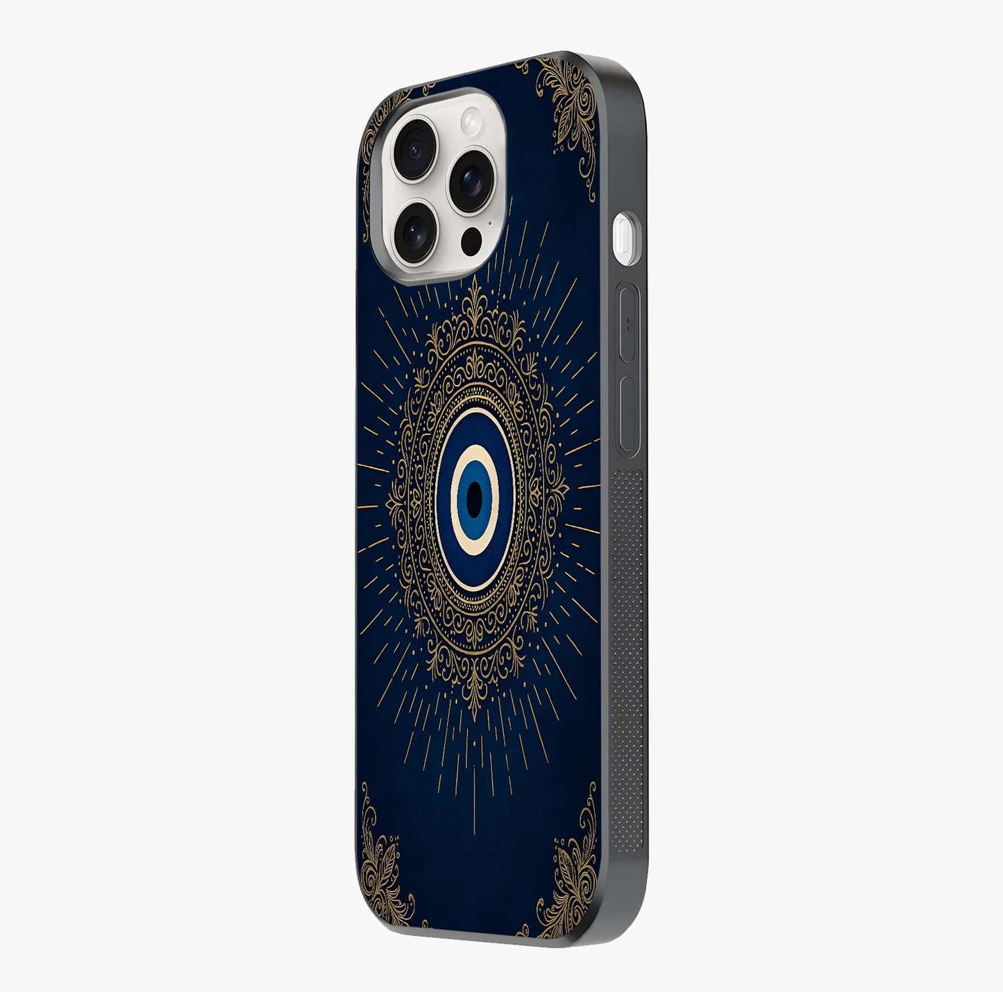 Golden Evil Eye Mandala Glass Case photographed in natural light showing reflective finish and design depth.