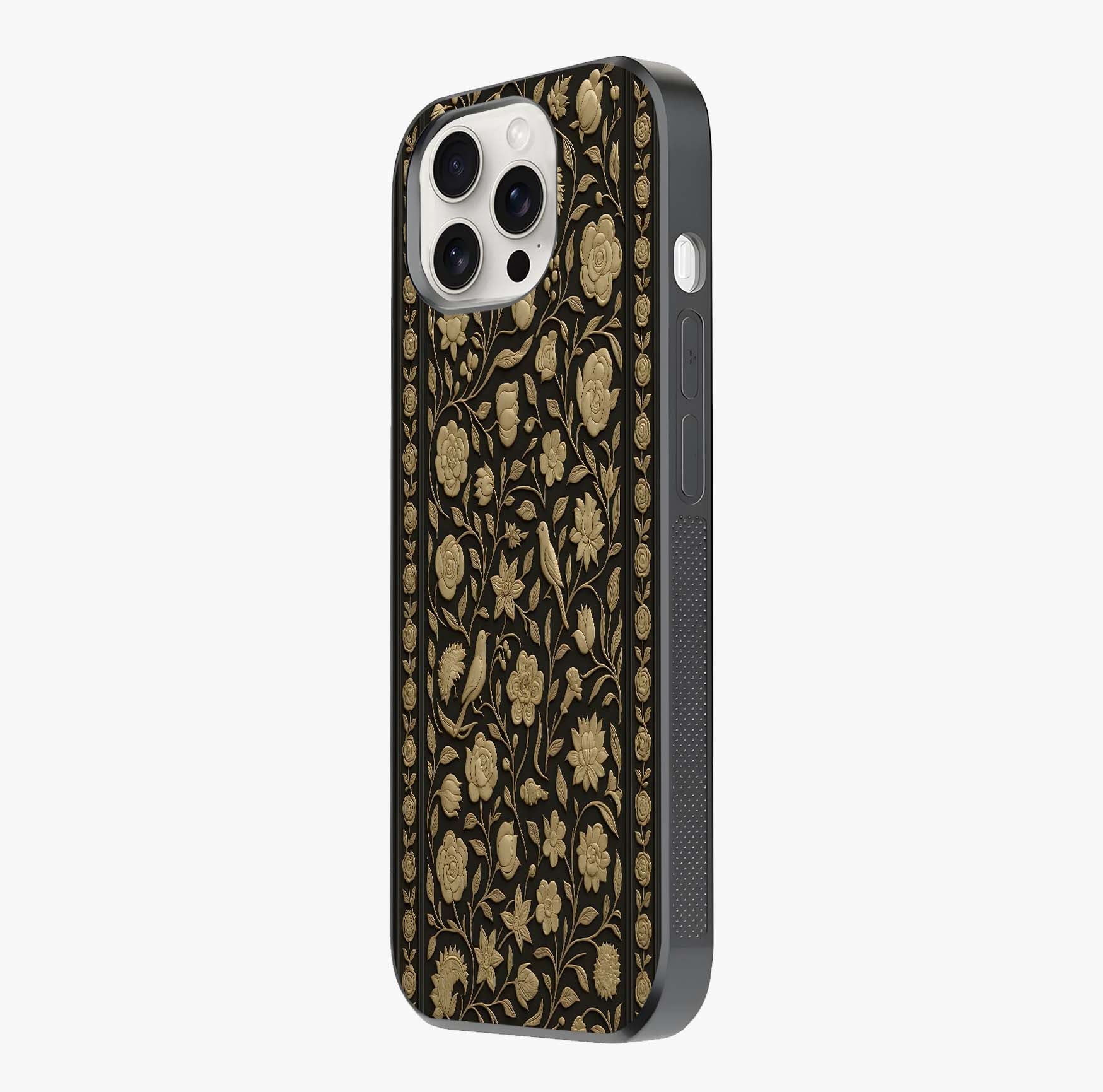Golden Floral Majesty Glass Case photographed in natural light showing reflective finish and design depth.