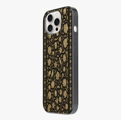 Golden Floral Majesty Glass Case photographed in natural light showing reflective finish and design depth.