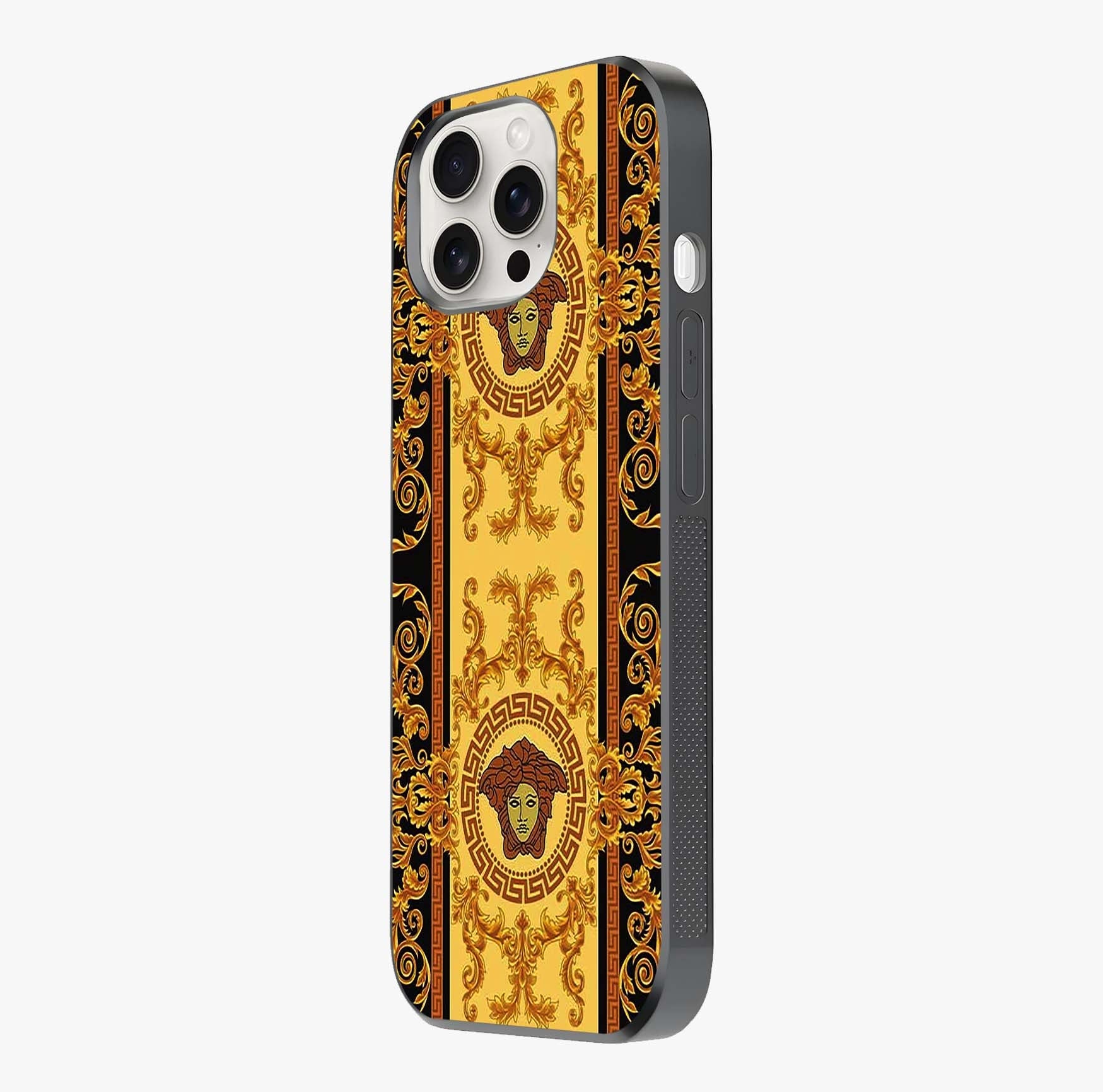 Golden Royal Heritage Glass Case photographed in natural light showing reflective finish and design depth.