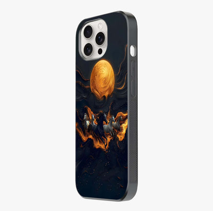 Golden Stallion Moonride Glass Case photographed in natural light showing reflective finish and design depth.