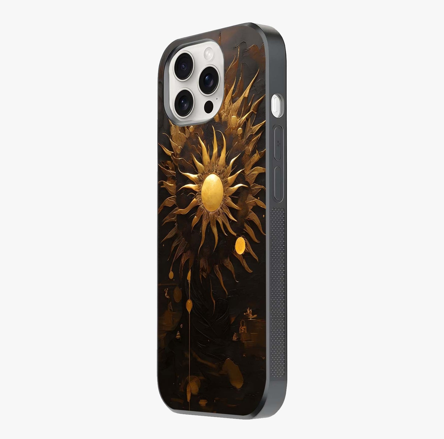 Golden Sun Majesty Glass Case photographed in natural light showing reflective finish and design depth.