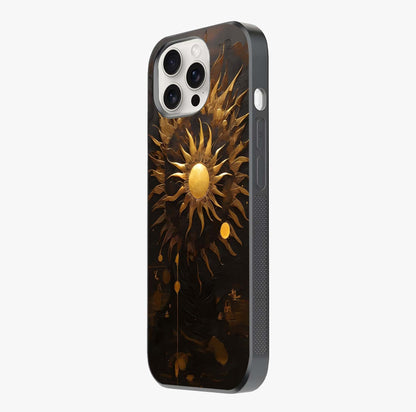 Golden Sun Majesty Glass Case photographed in natural light showing reflective finish and design depth.