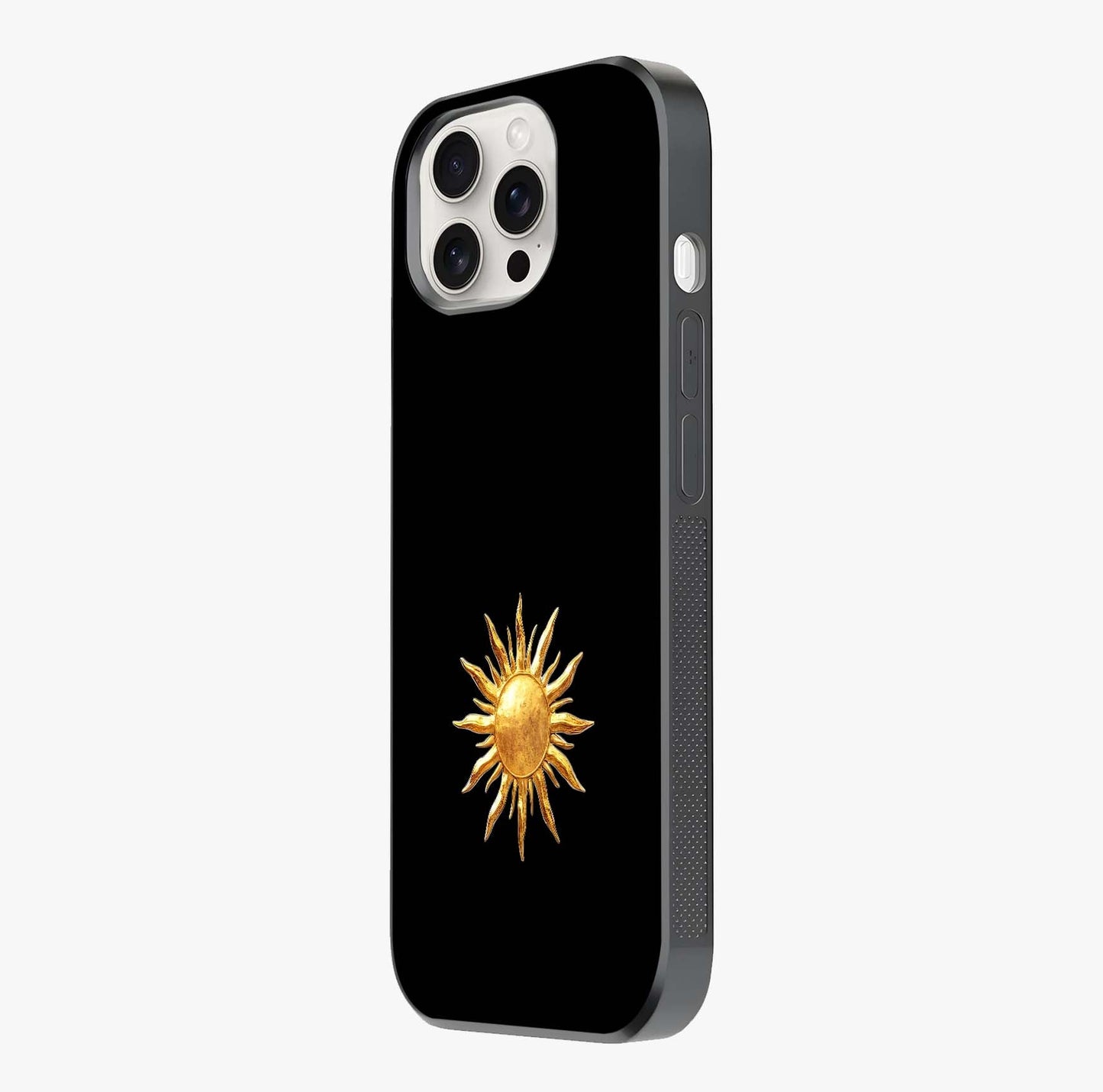 Golden Sun Minimalism Glass Case photographed in natural light showing reflective finish and design depth.