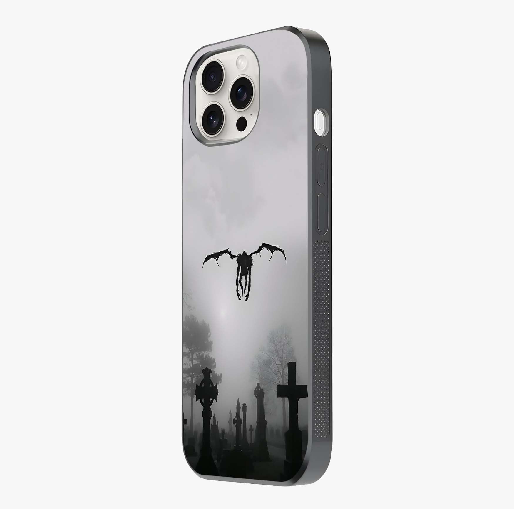 Graveyard Shadow Descent Glass Case photographed in natural light showing reflective finish and design depth.