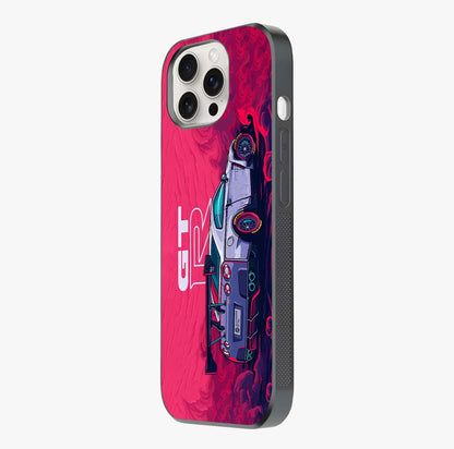 GT R Car Pattern Glass Case photographed in natural light showing reflective finish and design depth.