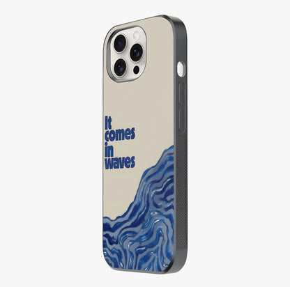 It Comes In Waves Quote Glass Case photographed in natural light showing reflective finish and design depth.
