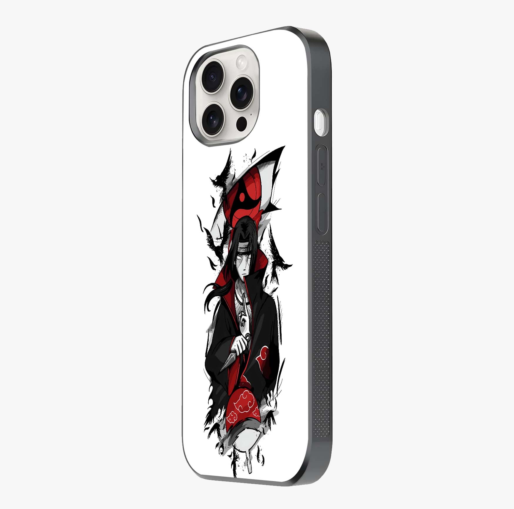 Itachi Sharingan Glass Case photographed in natural light showing reflective finish and design depth.