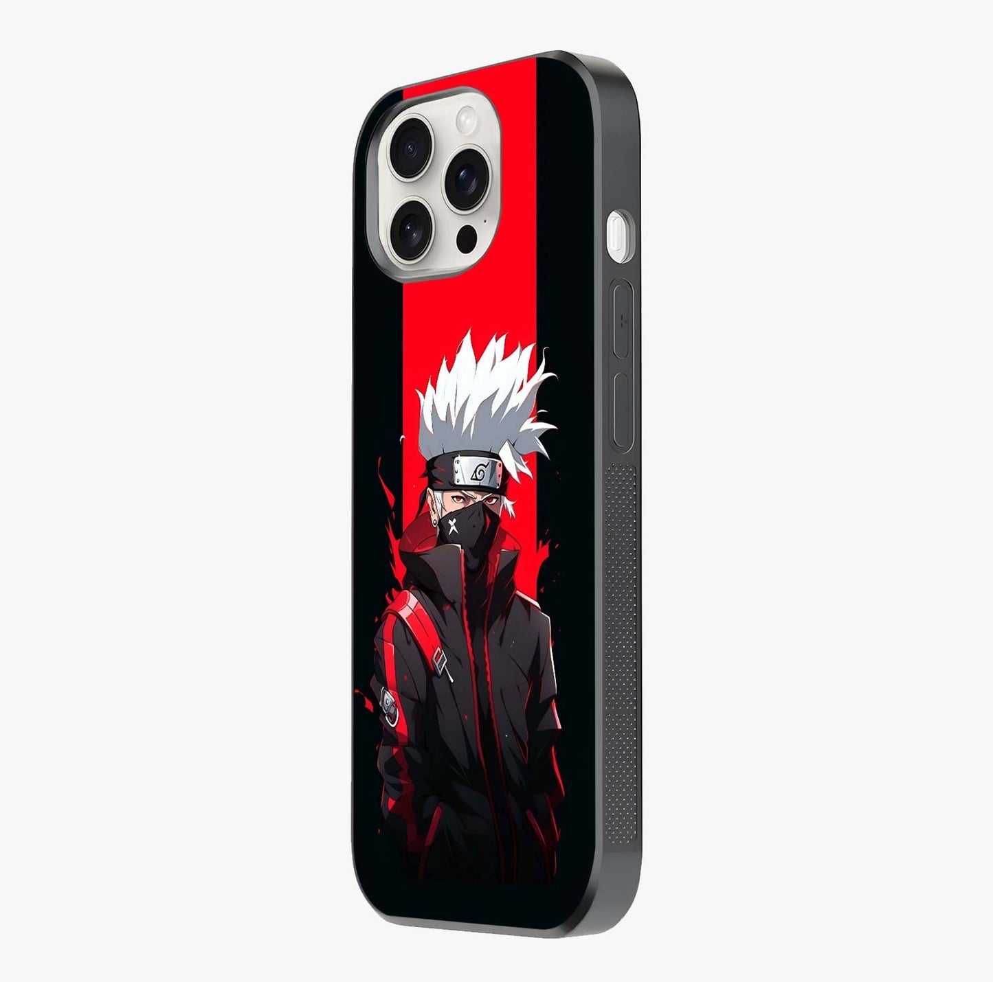 Kakashi Scarlet Shadow Glass Case photographed in natural light showing reflective finish and design depth.