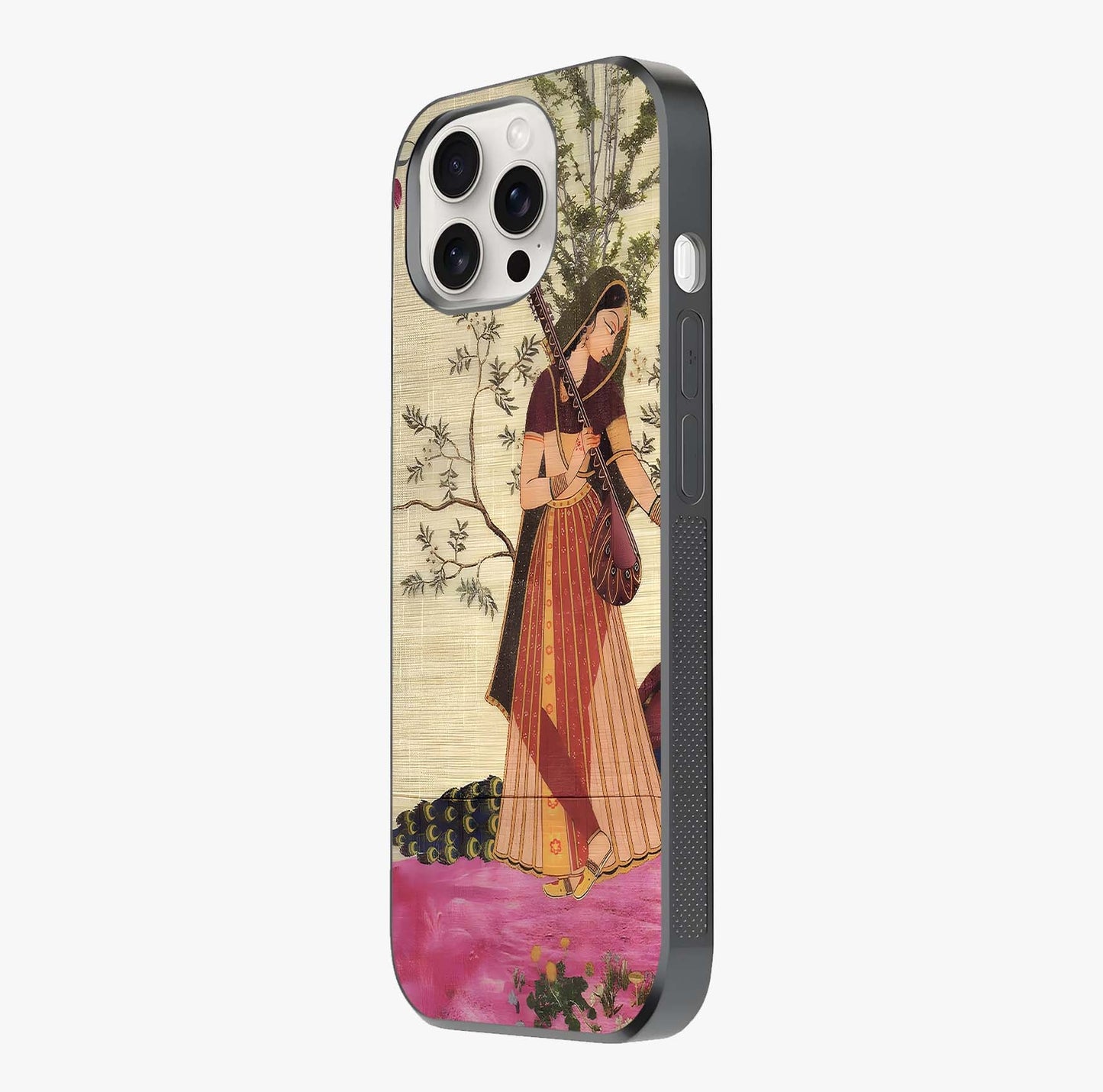 Lady With Veena Art Glass Case photographed in natural light showing reflective finish and design depth.