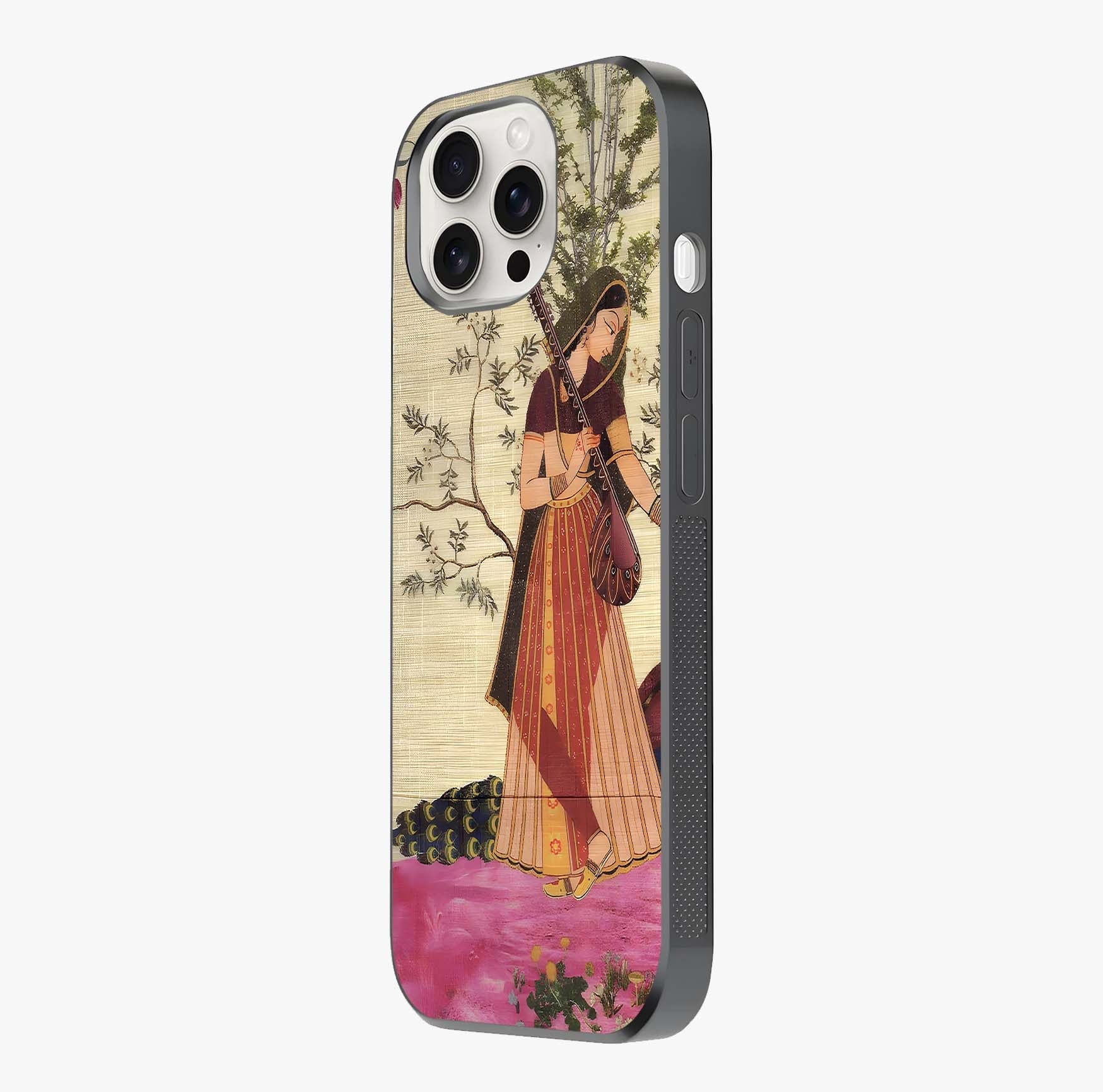 Lady With Veena Art Glass Case photographed in natural light showing reflective finish and design depth.
