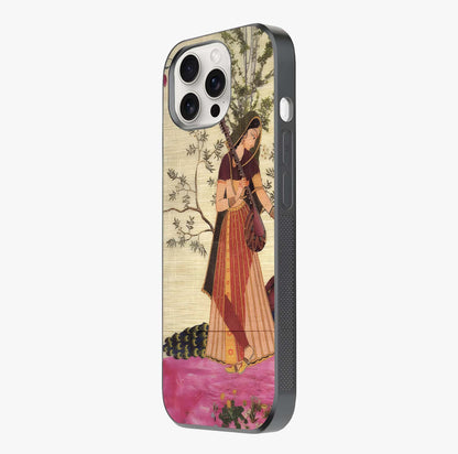 Lady With Veena Art Glass Case photographed in natural light showing reflective finish and design depth.