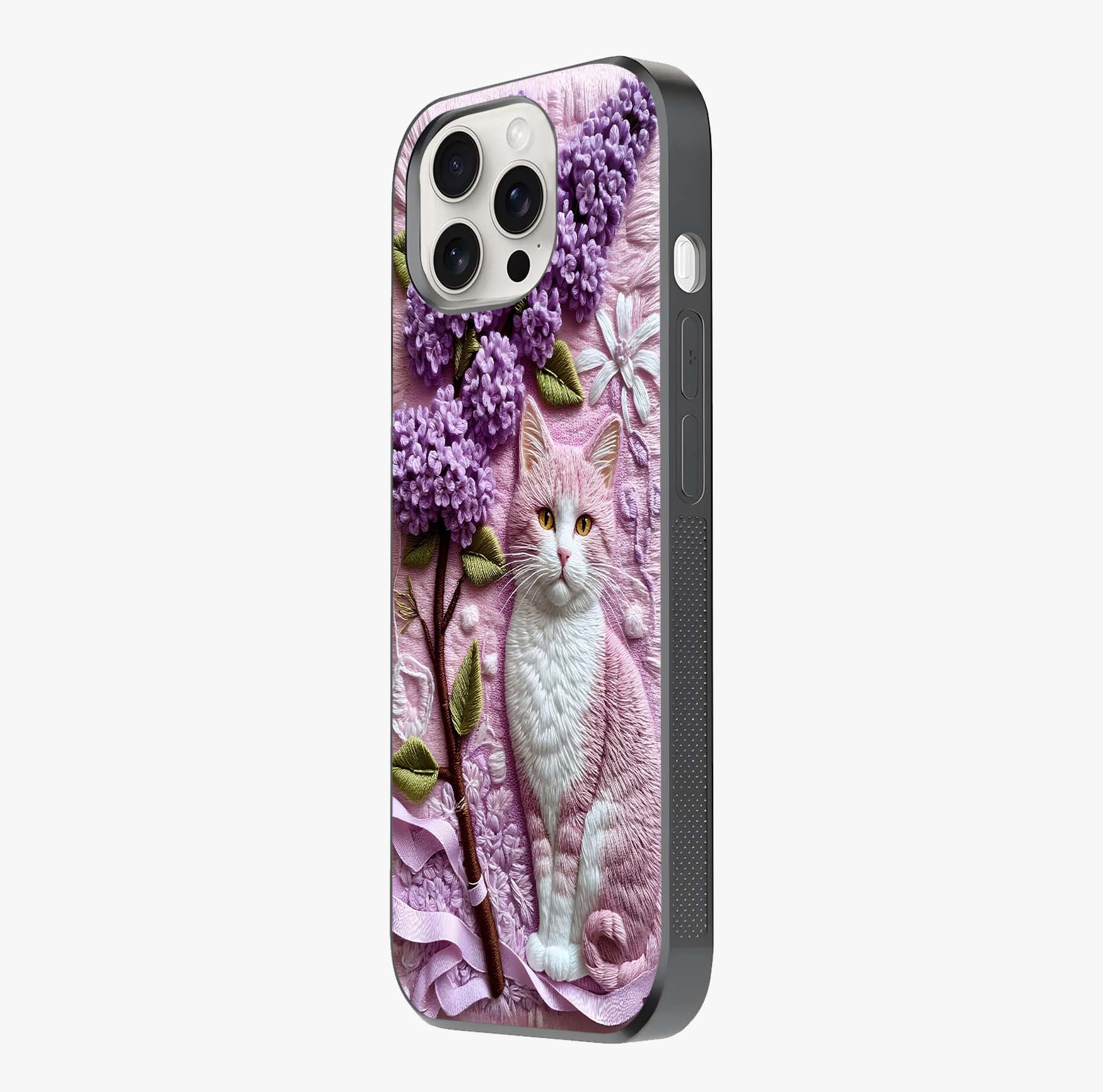 Lavender Cat Whimsy Glass Case photographed in natural light showing reflective finish and design depth.