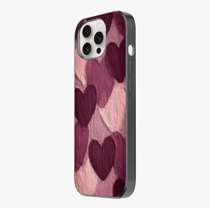 Layered Paper Hearts Glass Case photographed in natural light showing reflective finish and design depth.