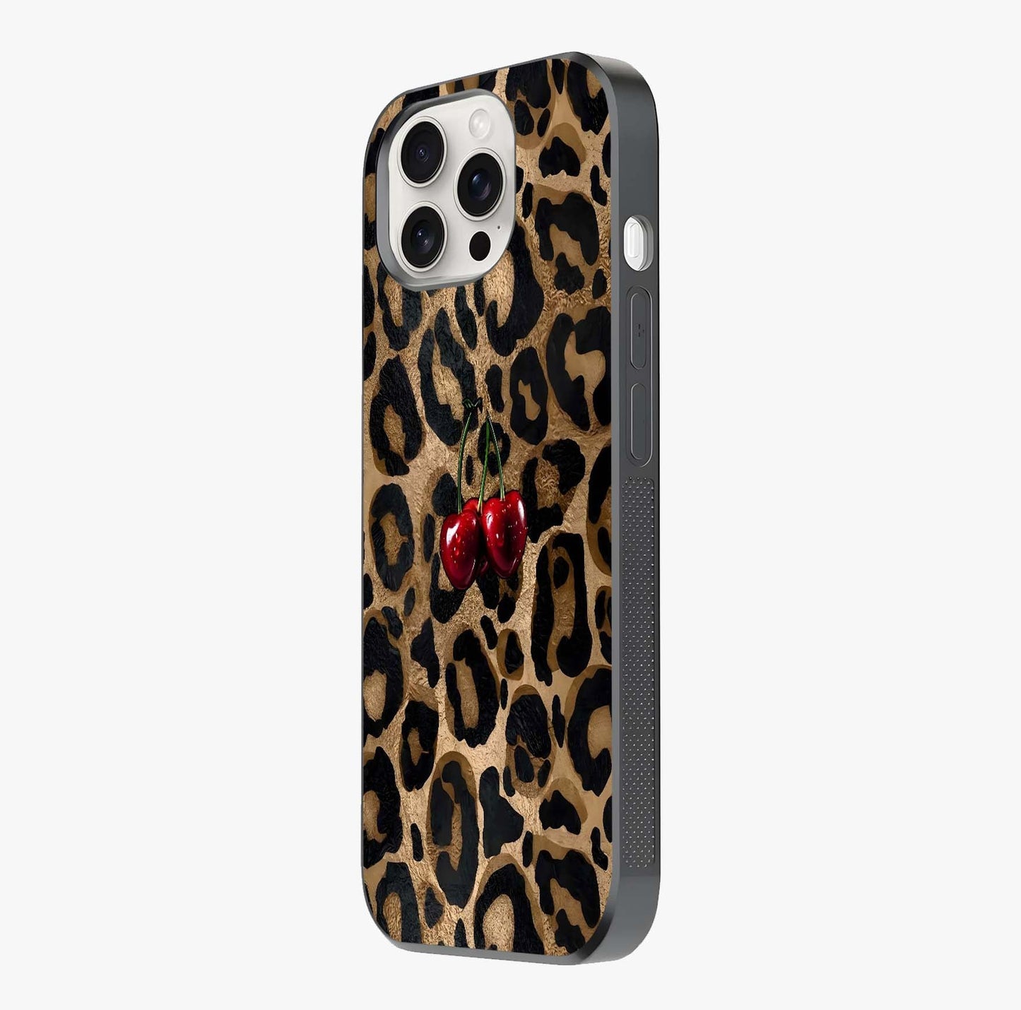 Leopard Wild Cherry Glass Case photographed in natural light showing reflective finish and design depth.
