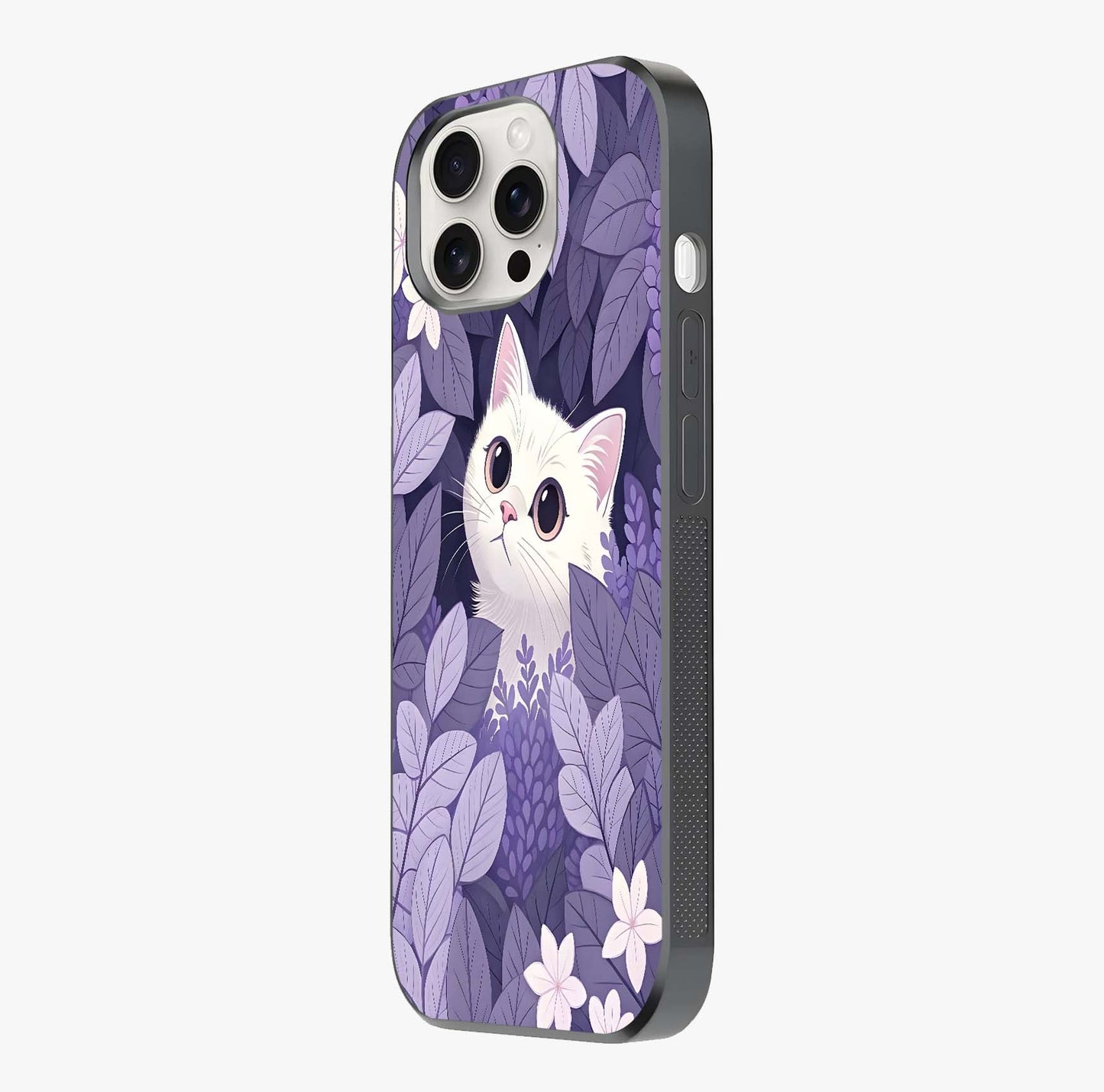 Lilac Hide Peek Cat Glass Case photographed in natural light showing reflective finish and design depth.