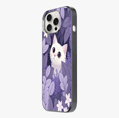 Lilac Hide Peek Cat Glass Case photographed in natural light showing reflective finish and design depth.