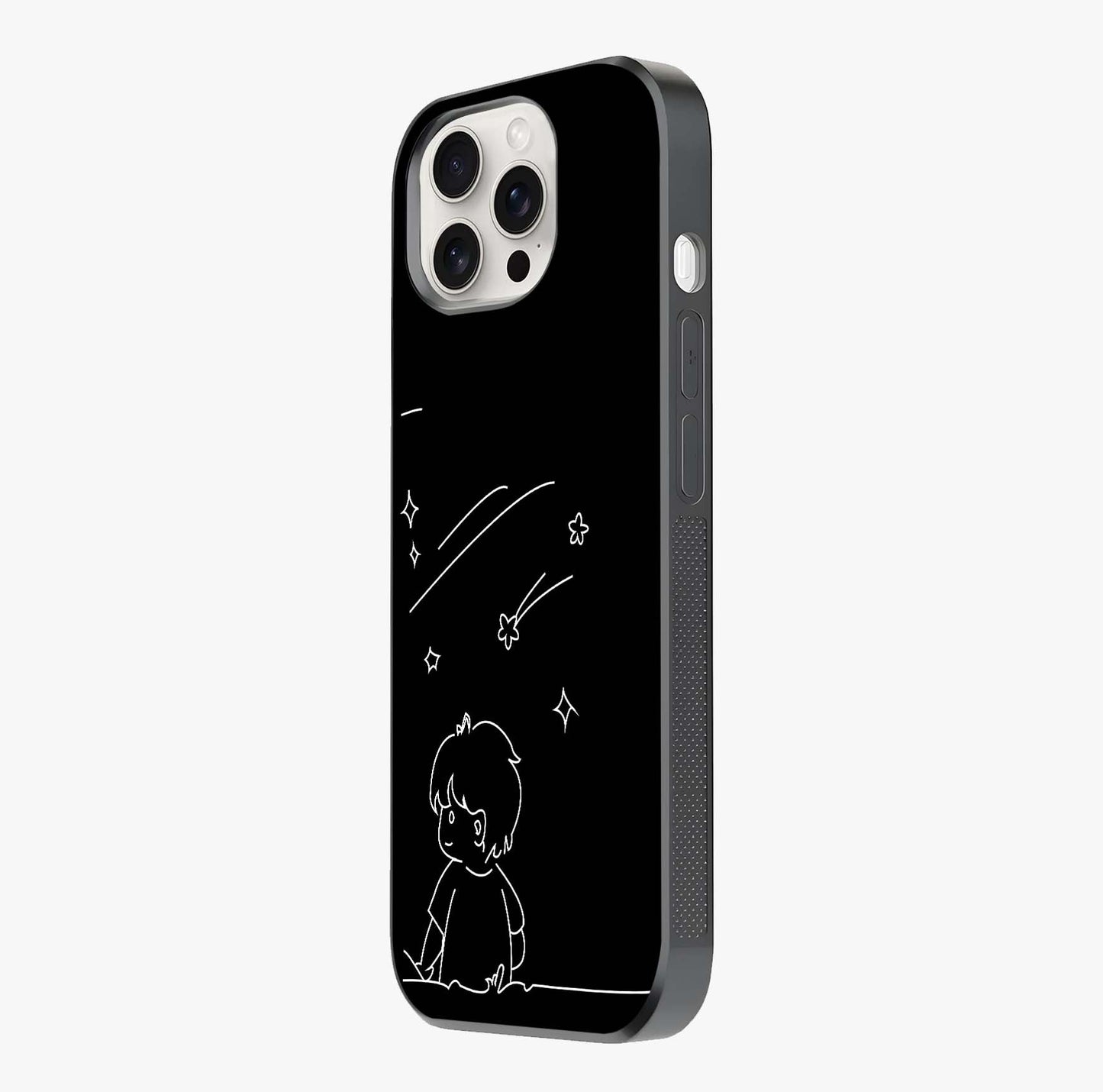 Line Art Boy With Shooting Stars Glass Case photographed in natural light showing reflective finish and design depth.
