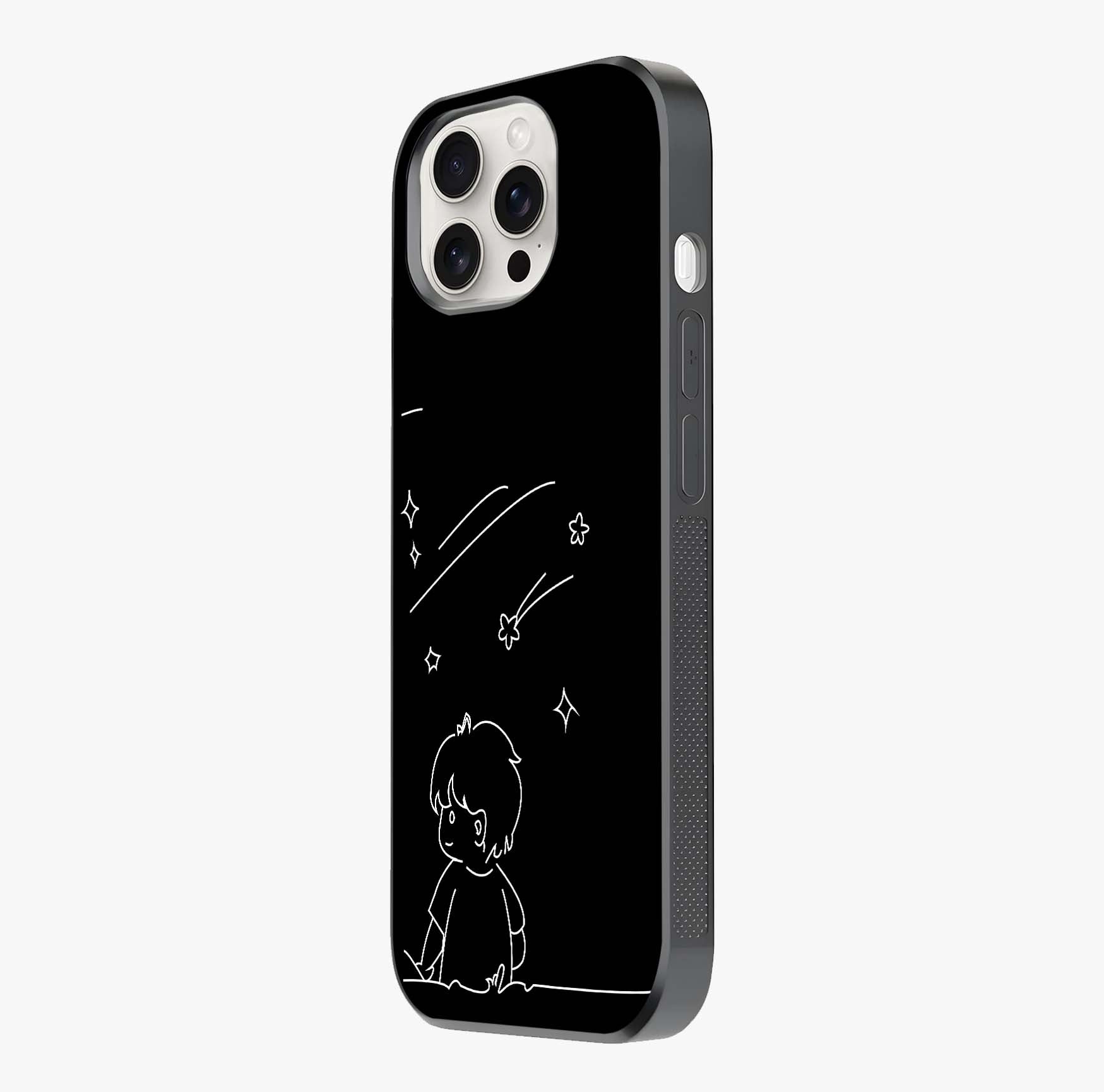 Line Art Boy With Shooting Stars Glass Case photographed in natural light showing reflective finish and design depth.