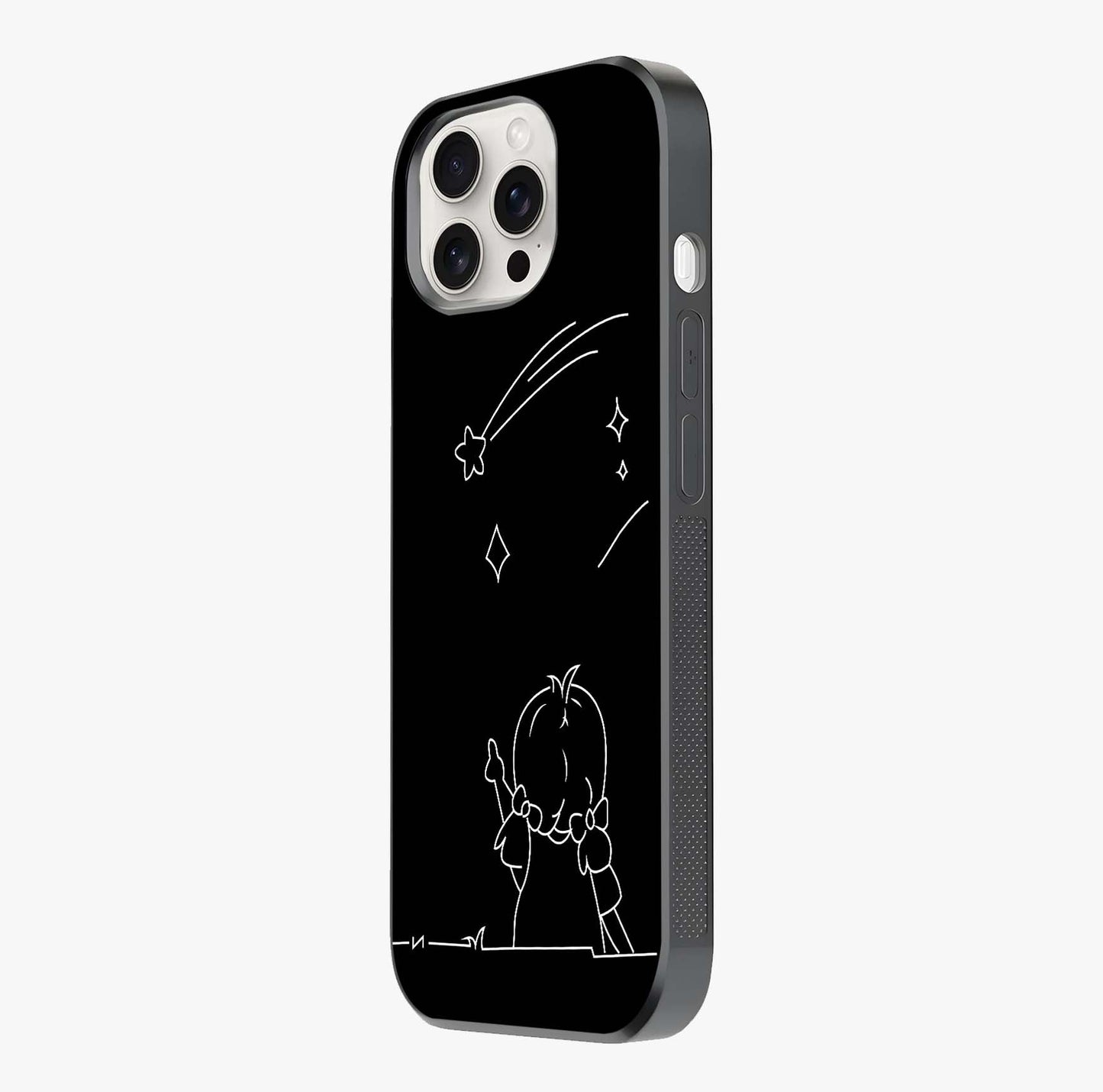 Line Art Girl With Shooting Stars Glass Case photographed in natural light showing reflective finish and design depth.