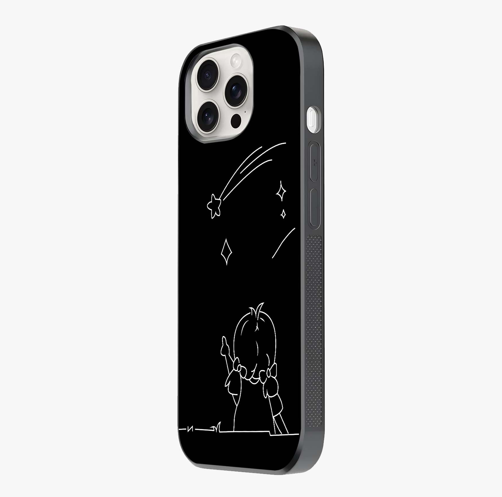 Line Art Girl With Shooting Stars Glass Case photographed in natural light showing reflective finish and design depth.