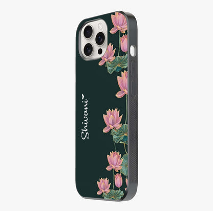 Lotus Bloom Serenity Custom Name Glass Case photographed in natural light showing reflective finish and design depth.