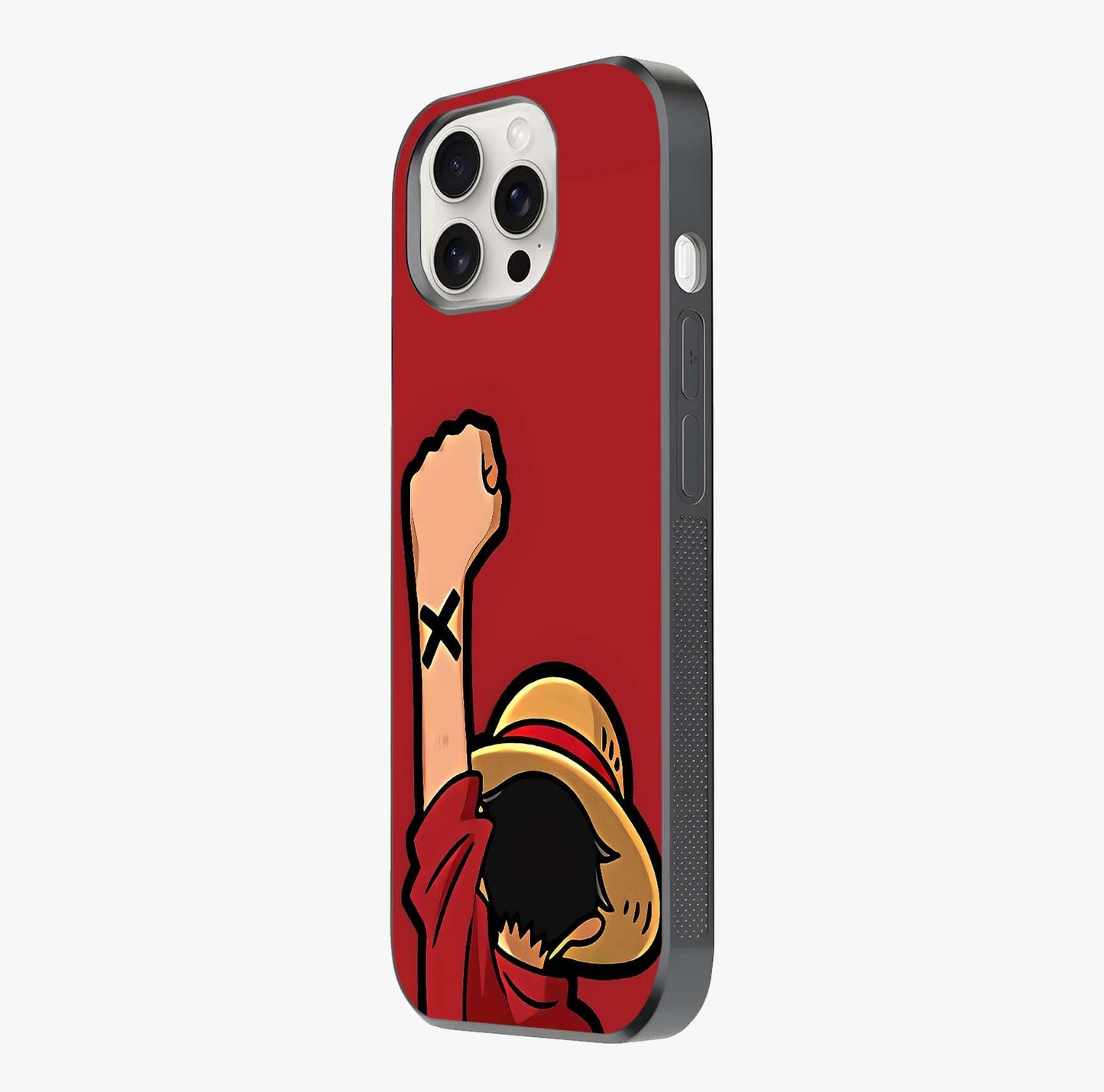 Luffy X Spirit Glass Case photographed in natural light showing reflective finish and design depth.