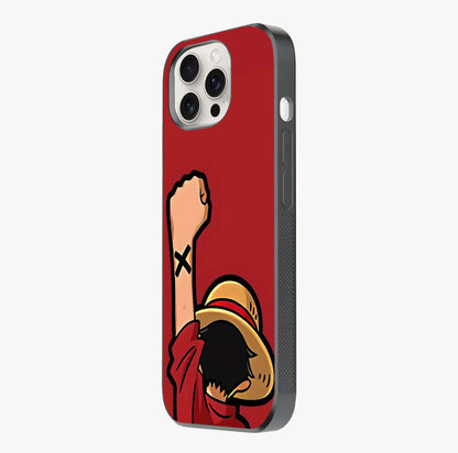 Luffy X Spirit Glass Case photographed in natural light showing reflective finish and design depth.