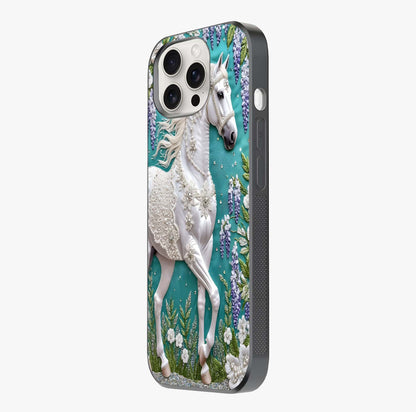 Majestic Floral Stallion Glass Case photographed in natural light showing reflective finish and design depth.