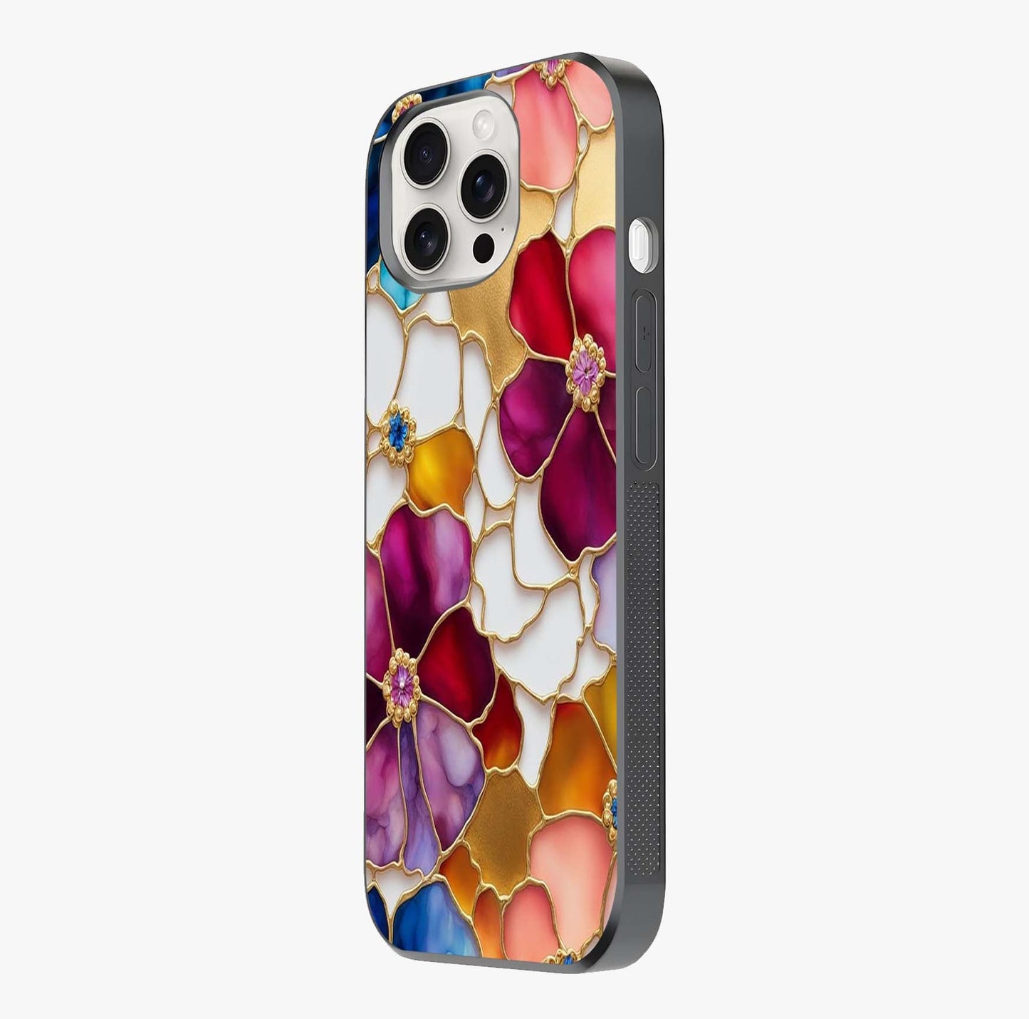 Marble Flower Pattern Glass Case photographed in natural light showing reflective finish and design depth.