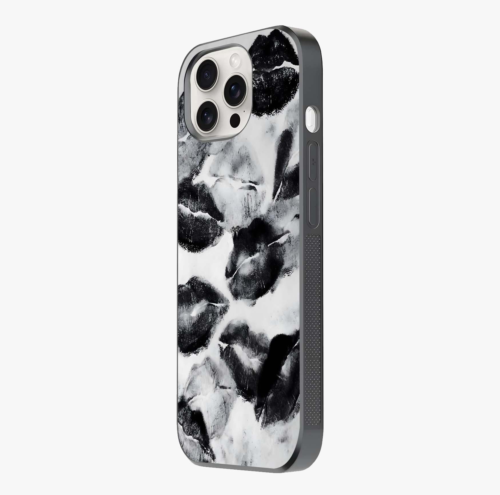 Midnight Kiss Marks Glass Case photographed in natural light showing reflective finish and design depth.