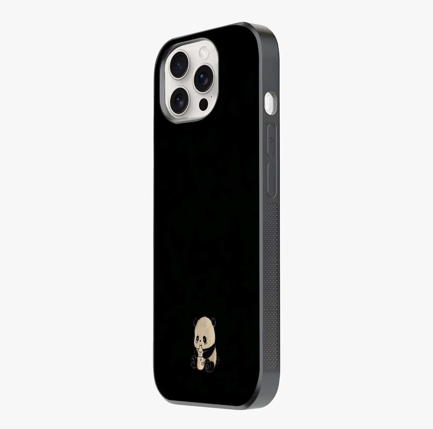 Midnight Panda Love Glass Case photographed in natural light showing reflective finish and design depth.