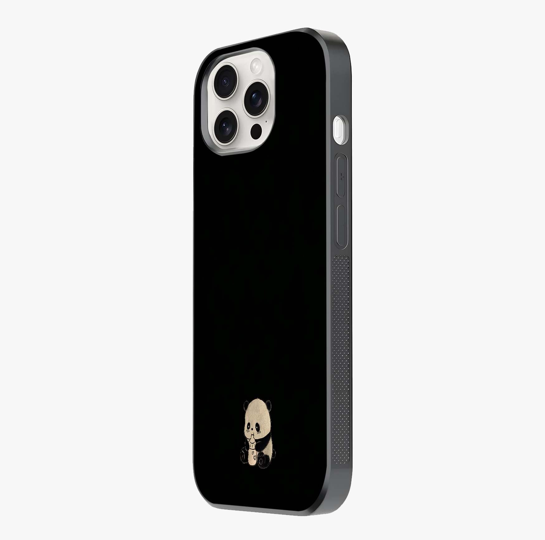 Midnight Panda Love Glass Case photographed in natural light showing reflective finish and design depth.