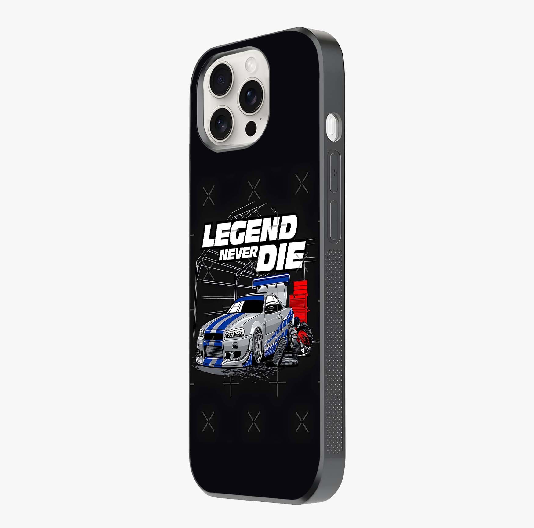 Midnight Racing Legacy Glass Case photographed in natural light showing reflective finish and design depth.