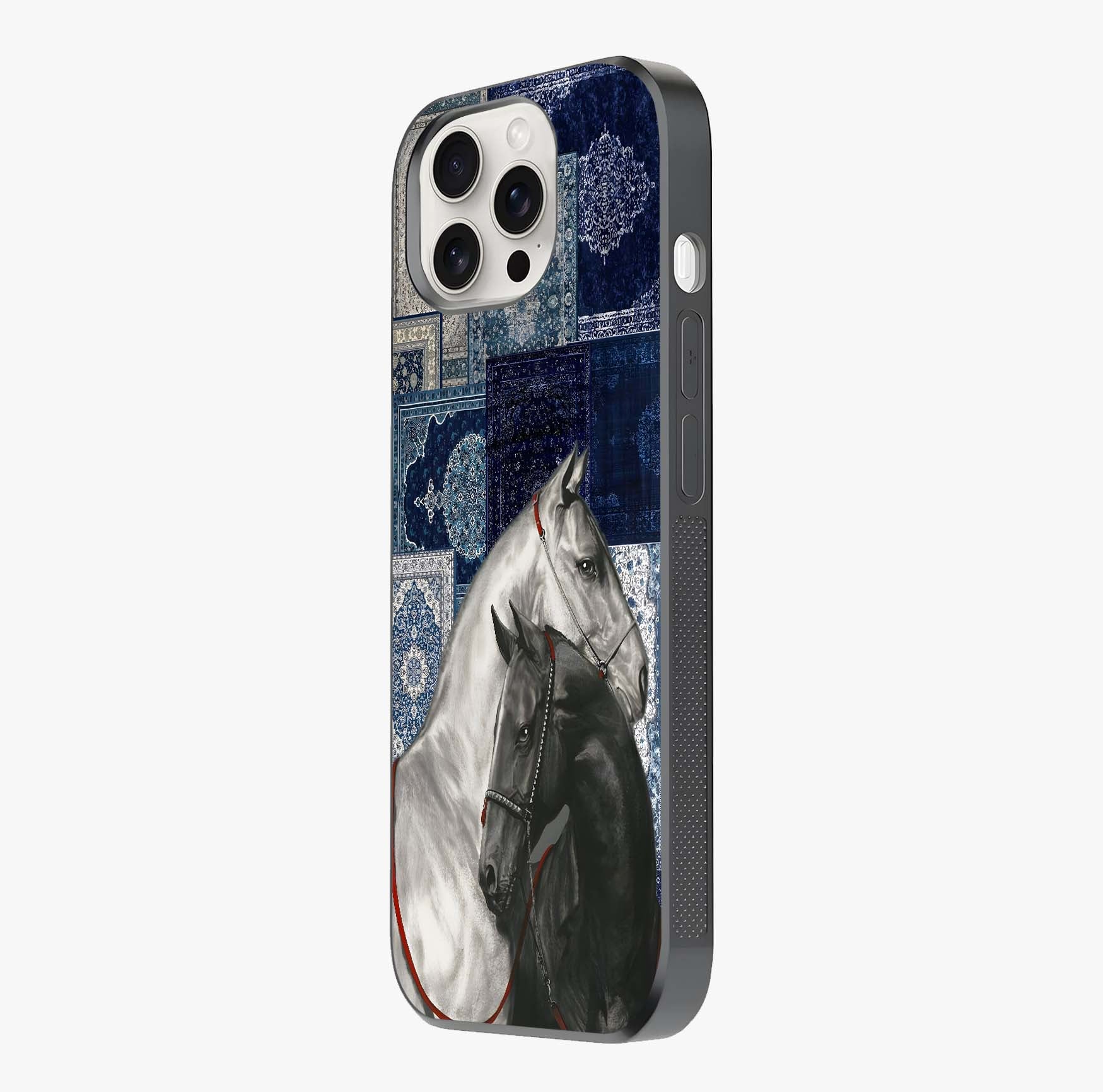 Midnight Stallion Blues Glass Case photographed in natural light showing reflective finish and design depth.