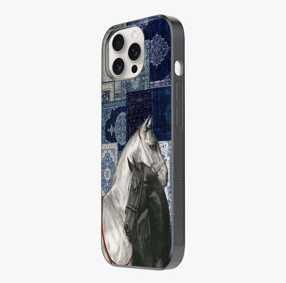 Midnight Stallion Blues Glass Case photographed in natural light showing reflective finish and design depth.