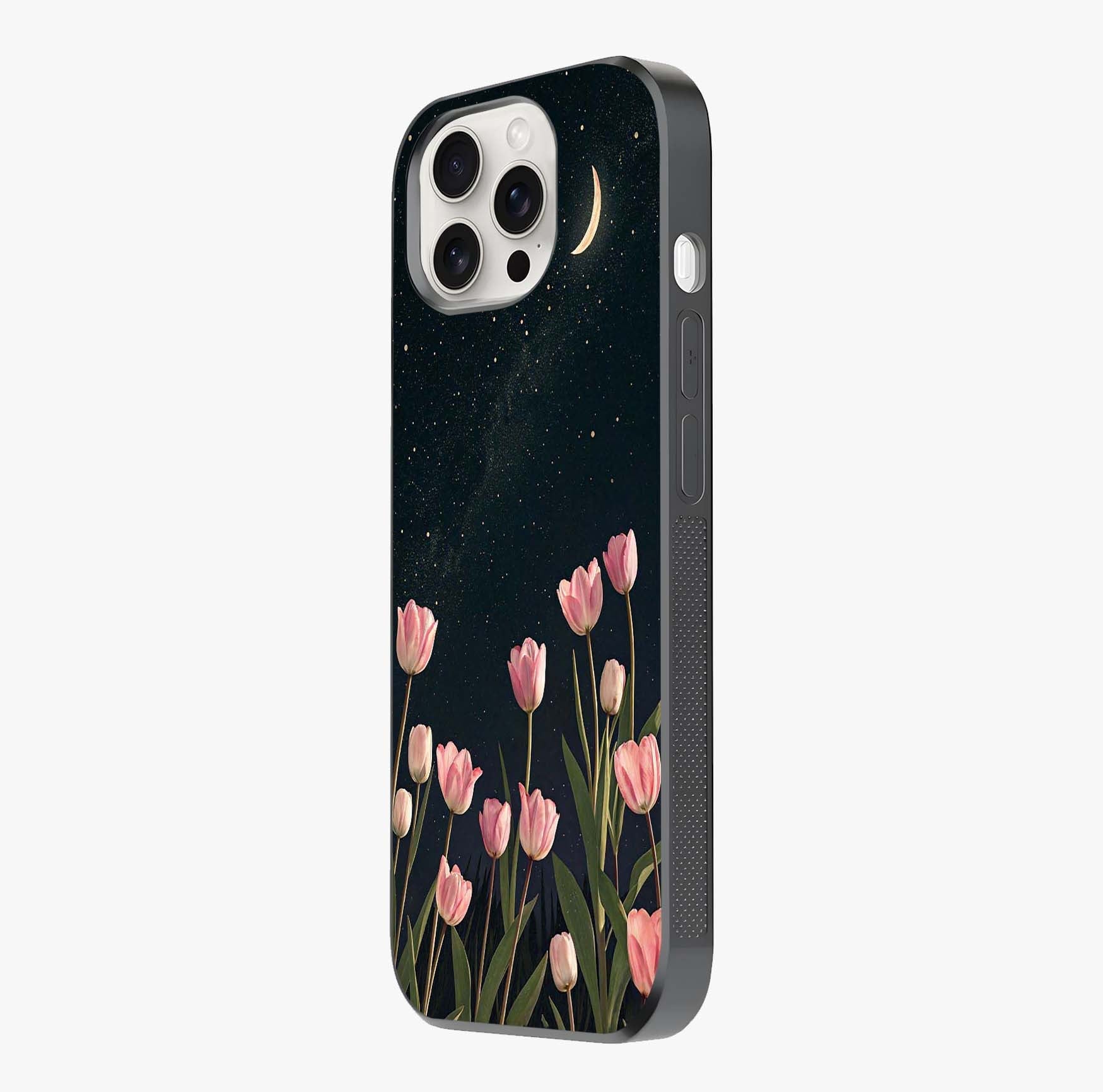 Midnight Tulip Whispers Vibe Glass Case photographed in natural light showing reflective finish and design depth.